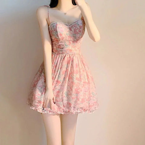 mtvrmall Sweet New Pink Sexy Dress Sweet Fresh Style Fragmented Flowers Print Waist Wrapped Slim Student Summer Short Lovely