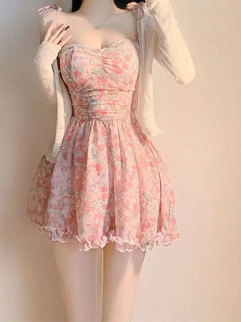 mtvrmall Sweet New Pink Sexy Dress Sweet Fresh Style Fragmented Flowers Print Waist Wrapped Slim Student Summer Short Lovely
