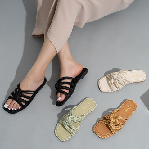 mtvrmall - Women Slippers Personality Hemp Rope Upper Design Flat Sandals Women Casual Solid Color Square Toe Hollow Flat Heel  Woman Shoes