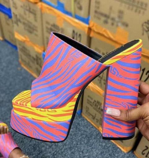 mtvrmall - Brand New Summer Fashion Printed Slippers Thick High Heel Platform Mules Sexy Satin Sandals Women's Shoes Pink Red Big Size