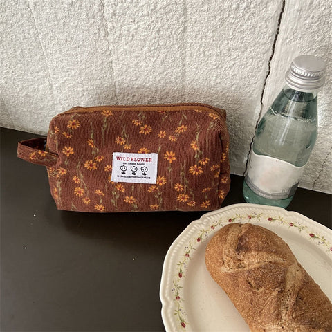 Women Corduroy Plaid Flowers Cosmetic Lipsticks Bag Korean Student Pencil Case Travel Makeup Brushes Bag Neceser Organizer Bags