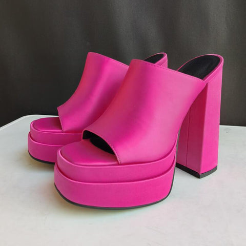 mtvrmall - Brand New Summer Fashion Printed Slippers Thick High Heel Platform Mules Sexy Satin Sandals Women's Shoes Pink Red Big Size