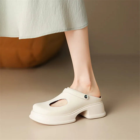New Women Sandals Split Leather Cover Toe Sandals Casual Slippers Summer Hole Shoes for Women Round Toe High Heel Platform Shoes