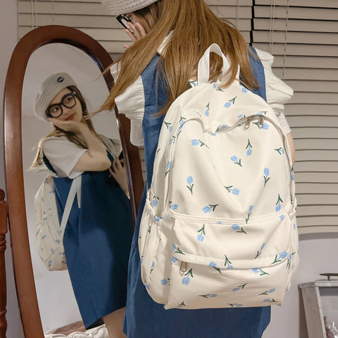 mtvrmall Women Backpack Multi-Pocket Nylon Floral Prints School Backpack for Student Girl Laptop Bookpack Female Casual Rucksack Mochilas