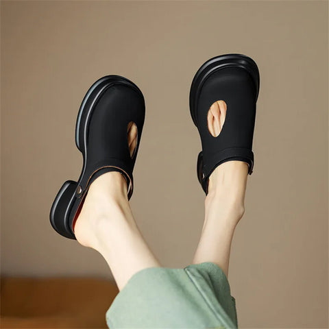 New Women Sandals Split Leather Cover Toe Sandals Casual Slippers Summer Hole Shoes for Women Round Toe High Heel Platform Shoes