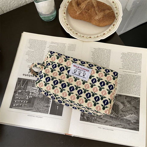 Women Corduroy Plaid Flowers Cosmetic Lipsticks Bag Korean Student Pencil Case Travel Makeup Brushes Bag Neceser Organizer Bags
