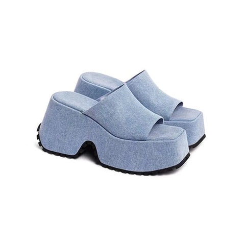 mtvrmall - Denim Thick Sole Summer Women Slippers Modern Flat With Height Increasing Leisure Casual Outside Platform Super High Heel Shoes