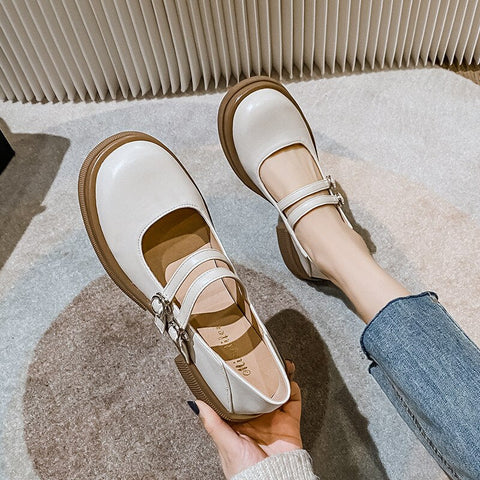 Mtvrmall -  spring new women's leather shoes Casual Mary Jane shoes fashion Round head Black loafers Kitten heels Large size 41-43