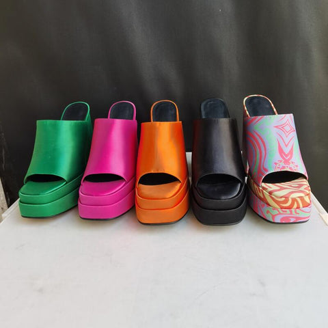 mtvrmall - Brand New Summer Fashion Printed Slippers Thick High Heel Platform Mules Sexy Satin Sandals Women's Shoes Pink Red Big Size
