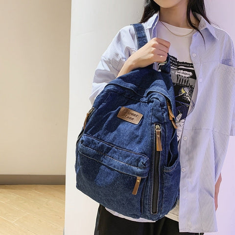 mtvrmall Fashion Ladies Soft Canvas School Backpack Trendy Denim Boy Girl Travel Student Bag Male Female College Backpack Men Women Bags