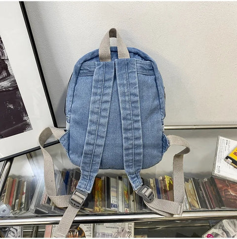 mtvrmall Denim Women Backpack Casual Travel Bagpack Backbag College Student School Bags for Teenager Girls Cowboy Rucksack blue Mochila