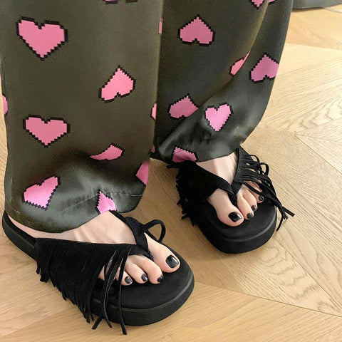 mtvrmall - summer Muller Slippers Women Pig Suede Fringe Modern Slippers Tassel Square Head Lazy Shoes Leisure Slides Flip Flops Sandal