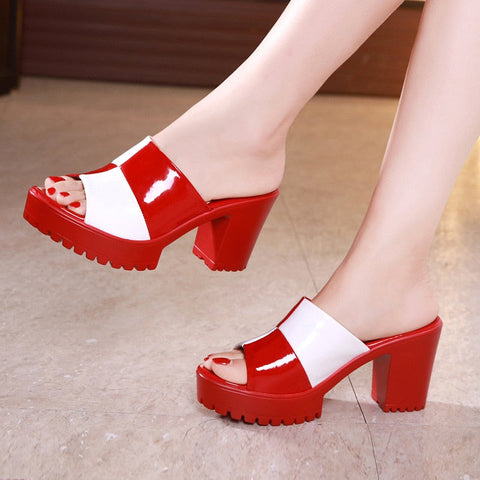 mtvrmall - Big Size 32-43 Block Square Heel Platform Slippers Women Office Shoes Summer Open Head High Heels Slides Ladies Slipper