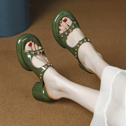 mtvrmall - Women Slides Open Toe Thick Heel Slippers Women's Dress Flip Flops  New Summer Rivet High Heel Fashion Sandals