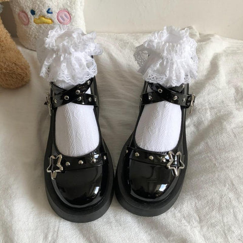 Mtvrmall - Lolita Shoes Gothic Chunky Star Buckle Mary Jane Shoes Cute Platform Cross-Tied Wedges Loli Thick Heel Casual Shoes Cosplay