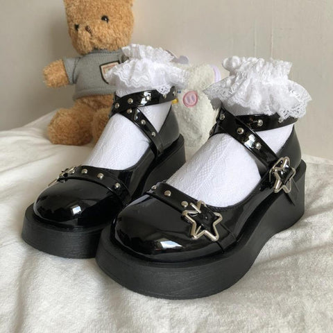 Mtvrmall - Lolita Shoes Gothic Chunky Star Buckle Mary Jane Shoes Cute Platform Cross-Tied Wedges Loli Thick Heel Casual Shoes Cosplay