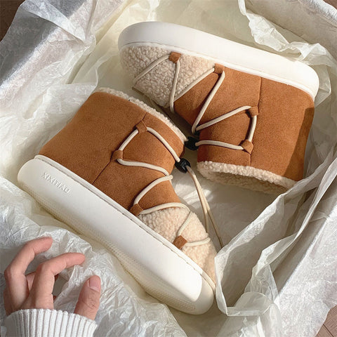 mtvrmall - New Winter Warm Snow Boots  Fur Design Women Short Boots Non-slip Light Comfortable Men Home Slippers High Top Bread Shoes