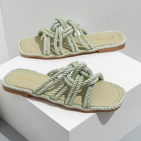 mtvrmall - Women Slippers Personality Hemp Rope Upper Design Flat Sandals Women Casual Solid Color Square Toe Hollow Flat Heel  Woman Shoes