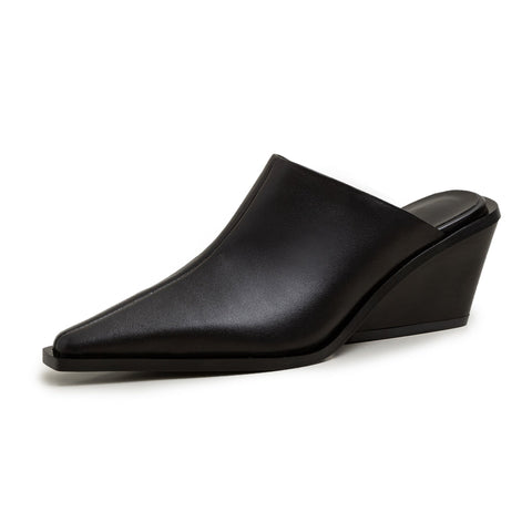 mtvrmall - Brand New Ladies Genuine Leather Mules Fashion Med Chunky Heels Summer Wedges Slippers Women Casual Office Shoes Woman