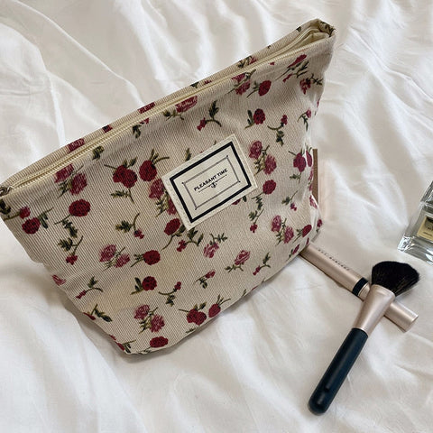 Women Corduroy Plaid Flowers Cosmetic Lipsticks Bag Korean Student Pencil Case Travel Makeup Brushes Bag Neceser Organizer Bags