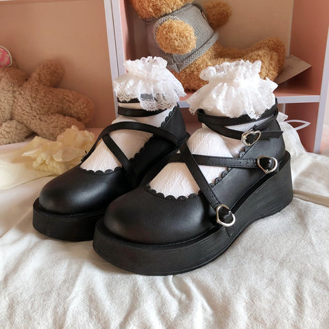 Mtvrmall - Lolita Shoes Gothic Chunky Star Buckle Mary Jane Shoes Cute Platform Cross-Tied Wedges Loli Thick Heel Casual Shoes Cosplay