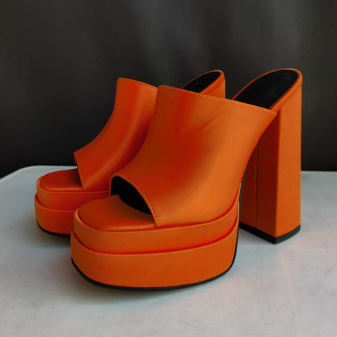 mtvrmall - Brand New Summer Fashion Printed Slippers Thick High Heel Platform Mules Sexy Satin Sandals Women's Shoes Pink Red Big Size
