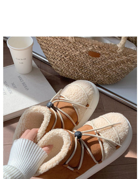 mtvrmall - New Winter Warm Snow Boots  Fur Design Women Short Boots Non-slip Light Comfortable Men Home Slippers High Top Bread Shoes