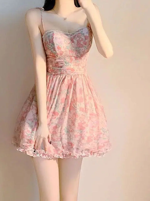 mtvrmall Sweet New Pink Sexy Dress Sweet Fresh Style Fragmented Flowers Print Waist Wrapped Slim Student Summer Short Lovely