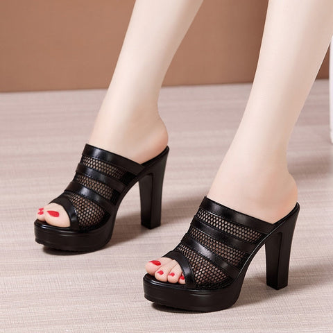 mtvrmall - Plus Size 32-43 Block Heel Platform Shoes Women Slippers Summer Open Head High Heels Slides Ladies Cutout Slippers
