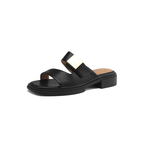 New Split Leather Summer Slippers Women 2024 Square Toe Chunky Heel Sandals Open Toe Shoes for Women Handmade Slippers Women