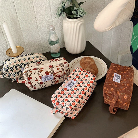 Women Corduroy Plaid Flowers Cosmetic Lipsticks Bag Korean Student Pencil Case Travel Makeup Brushes Bag Neceser Organizer Bags