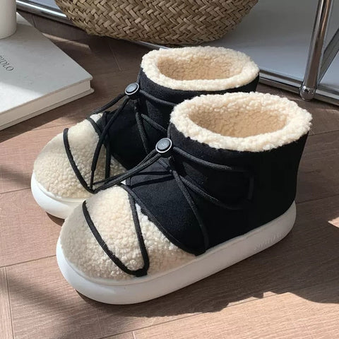 mtvrmall - New Winter Warm Snow Boots  Fur Design Women Short Boots Non-slip Light Comfortable Men Home Slippers High Top Bread Shoes