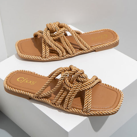 mtvrmall - Women Slippers Personality Hemp Rope Upper Design Flat Sandals Women Casual Solid Color Square Toe Hollow Flat Heel  Woman Shoes