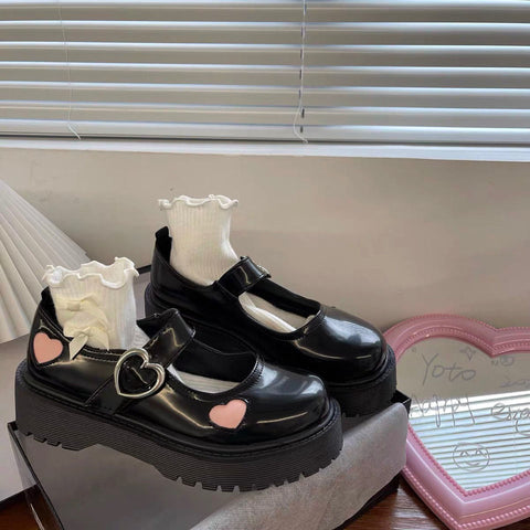 Mtvrmall - Pink Heart Patchwork Women Lolita Shoes British Style Fashion E Girl Mary Janes Autumn PU Buckle Platform Zapatillas Mujer