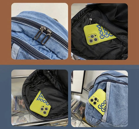 mtvrmall Denim Women Backpack Casual Travel Bagpack Backbag College Student School Bags for Teenager Girls Cowboy Rucksack blue Mochila