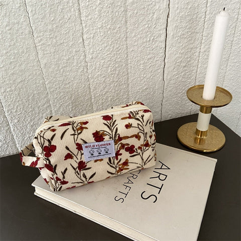 Women Corduroy Plaid Flowers Cosmetic Lipsticks Bag Korean Student Pencil Case Travel Makeup Brushes Bag Neceser Organizer Bags