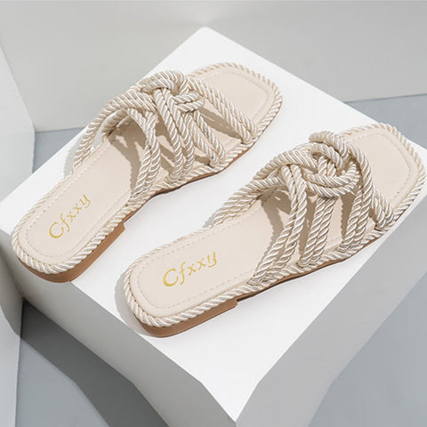 mtvrmall - Women Slippers Personality Hemp Rope Upper Design Flat Sandals Women Casual Solid Color Square Toe Hollow Flat Heel  Woman Shoes