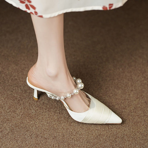 mtvrmall - Heihaian Baotou Slippers  Summer New Elegant Fairy Wind Heels Slippers For Women With Pearl And Net Yarn Decoration 33-42