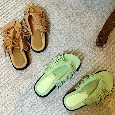 mtvrmall - summer Muller Slippers Women Pig Suede Fringe Modern Slippers Tassel Square Head Lazy Shoes Leisure Slides Flip Flops Sandal