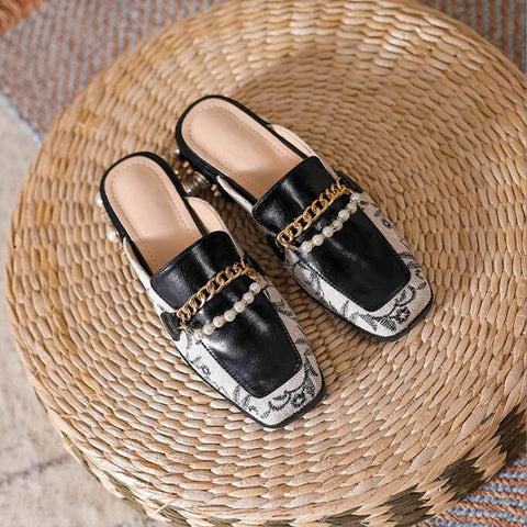 mtvrmall - Luxury Woman Mules Summer Close Toe Women Pearl Metal Chain Lazy Slides Flat Heel Girl Slippers Embroidery Outdoor Flip Flops