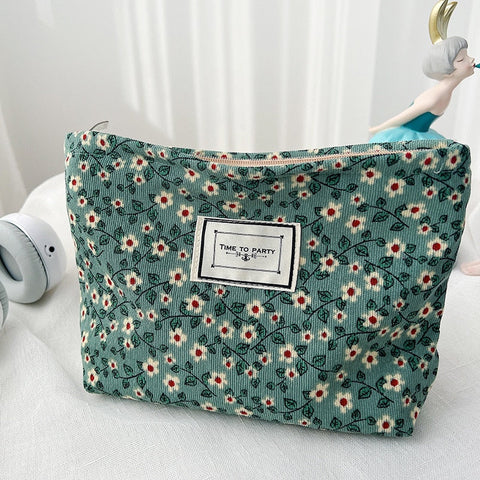 Women Corduroy Plaid Flowers Cosmetic Lipsticks Bag Korean Student Pencil Case Travel Makeup Brushes Bag Neceser Organizer Bags