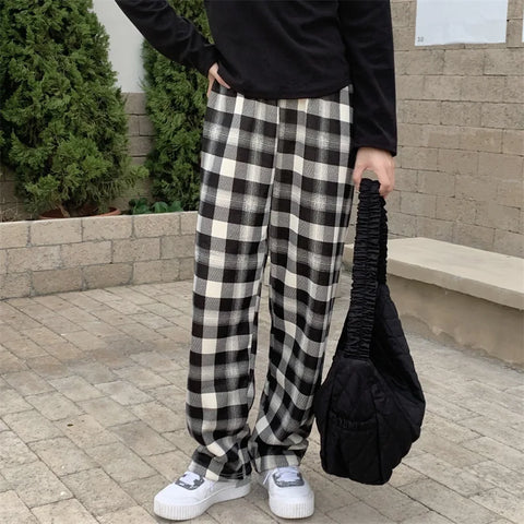 mtvrmall Fashion Warm Plush Pants Lamb Fleece Thick Plaid Women Winter Casual Loose Wide Leg Trousers Korean Streetwear Straight Student