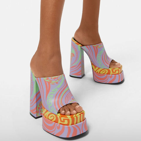 mtvrmall - Brand New Summer Fashion Printed Slippers Thick High Heel Platform Mules Sexy Satin Sandals Women's Shoes Pink Red Big Size