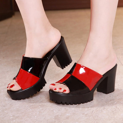 mtvrmall - Big Size 32-43 Block Square Heel Platform Slippers Women Office Shoes Summer Open Head High Heels Slides Ladies Slipper