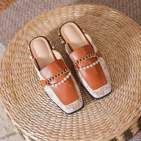 mtvrmall - Luxury Woman Mules Summer Close Toe Women Pearl Metal Chain Lazy Slides Flat Heel Girl Slippers Embroidery Outdoor Flip Flops