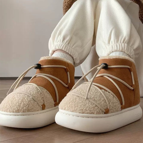 mtvrmall - New Winter Warm Snow Boots  Fur Design Women Short Boots Non-slip Light Comfortable Men Home Slippers High Top Bread Shoes