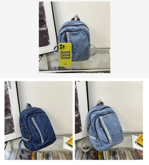 mtvrmall Denim Women Backpack Casual Travel Bagpack Backbag College Student School Bags for Teenager Girls Cowboy Rucksack blue Mochila