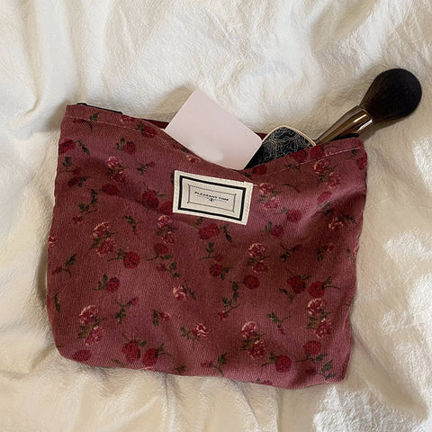 Women Corduroy Plaid Flowers Cosmetic Lipsticks Bag Korean Student Pencil Case Travel Makeup Brushes Bag Neceser Organizer Bags