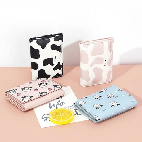 mtvrmall Women New Fashion Wallet Pu Leather Cartoon Cow Cattle Short Ladies Multi-card Slot Coin Purses Student Cute Triple Fold Wallet