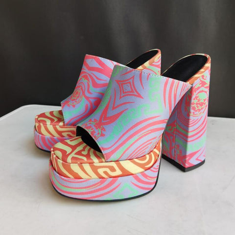 mtvrmall - Brand New Summer Fashion Printed Slippers Thick High Heel Platform Mules Sexy Satin Sandals Women's Shoes Pink Red Big Size